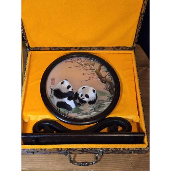 Vtg Chinese Panda CherryBlossom DoubleSided Silk Sichuan Embroidery WoodBase Box - Picture 2 of 8